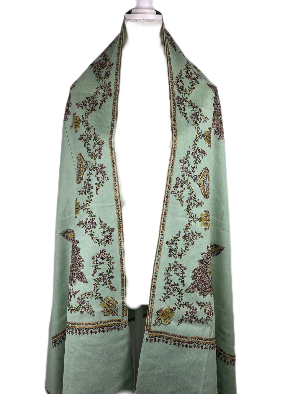 Kashmiri Sozni Hand-Embroidered Pashmina Shawl – Sage Green Floral Wrap